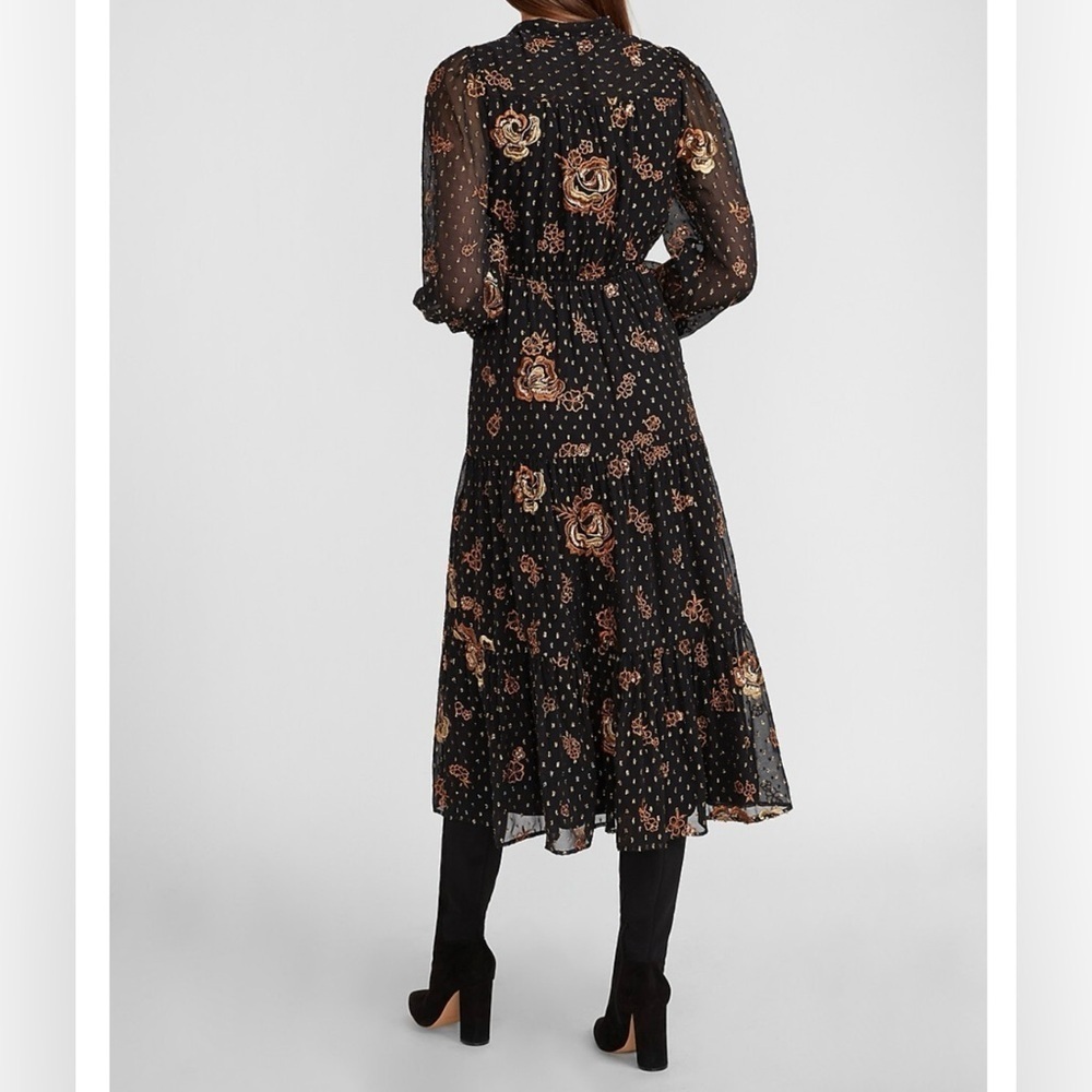 EXPRESS | BLACK METALLIC FLORAL EMBROIDERED TIERED TIE NECK MIDI DRESS XL - Picture 8 of 15
